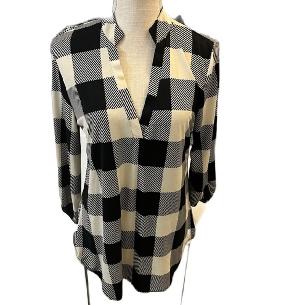 Black and Cream Buffalo Check Split V-Neck Tunic Medium